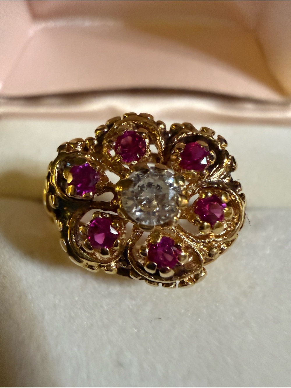Vintage 14K Gold Ruby & Diamond Flower Cluster Ring